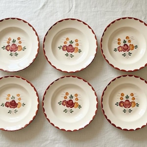 Peut inclure: Six assiettes en céramique crème avec des bords festonnés et un motif floral. Chaque assiette présente un bouquet central de fleurs rouges, oranges et jaunes avec des feuilles vertes, et un bord rouge foncé.