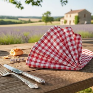 Peut inclure: Une serviette à carreaux rouges et blancs est pliée sur une table en bois, à côté d'une fourchette et d'un couteau. Un petit morceau de pain et des brins de lavande sont également sur la table. Une maison et un champ de lavande sont en arrière-plan.