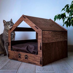 Cozy Modern Wooden House for Cat or Dog, Unique Eco-Friendly Chic Cat Bed: Handcrafted Stylish Pet Bed and Hideaway for Feline Friends