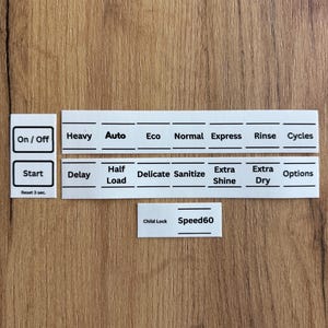 Puede incluir: Etiquetas blancas para el panel de control de electrodomésticos con texto negro. Las etiquetas incluyen "On/Off", "Start", "Heavy", "Auto", "Eco", "Normal", "Express", "Rinse", "Cycles", "Delay", "Half Load", "Delicate", "Sanitize", "Extra Shine", "Extra Dry", "Options", "Child Lock" y "Speed60".