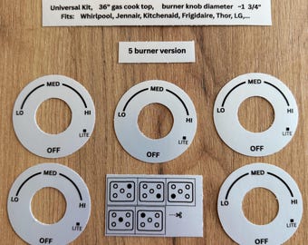 Universal - Whirlpool KitchenAid JennAir Frigidaire Thor LG 36" Gas Cooktop Knob Decals - Faded Fix - 5 burner