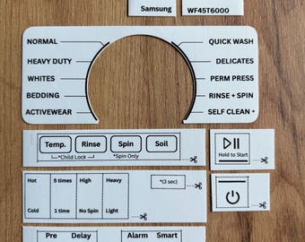 Hoja de pegatinas para lavadora Samsung WF45T6000 (reemplazo impermeable para todo el panel de control)