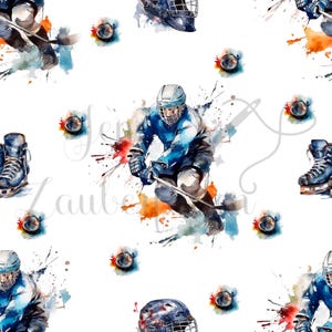 Könnte beinhalten: Wiederholendes Aquarellmuster mit Eishockeyspielern, Pucks, Helmen und Schlittschuhen. Das Design verwendet Spritzer in Blau, Orange und Schwarz auf weißem Hintergrund. Das Thema ist Sport.