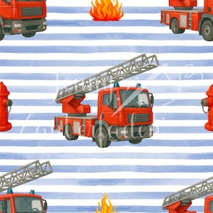 Könnte beinhalten: Nahtloses Muster mit roten Feuerwehrautos mit ausgefahrenen Leitern, orangefarbenen Flammen und roten Hydranten auf einem blau-weiß gestreiften Hintergrund. Das Design wiederholt sich über die gesamte Oberfläche und erzeugt ein verspieltes und thematisches Muster.