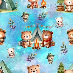 Könnte beinhalten: Ein sich wiederholendes Muster mit Cartoon-Bären beim Camping. Die Bären tragen Hüte, Schals und Rucksäcke. Der Hintergrund ist ein blauer Sternenhimmel mit Zelten, Lagerfeuern und Beerenzweigen. Das Gesamtthema ist Outdoor und Camping.