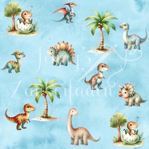 Könnte beinhalten: Aquarell-Illustration mit verschiedenen Dinosauriern, Palmen und Eiern auf hellblauem Hintergrund. Die Dinosaurier sind in Grün-, Braun- und Orangetönen gehalten. Das Bild hat einen skurrilen, cartoonartigen Stil.