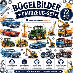 Könnte beinhalten: Ein Set mit 72 Bügelbildern zum Thema Fahrzeuge, darunter Autos, Traktoren, Baumaschinen und Motorräder im Aquarell-Stil. Das Blatt enthält deutschen Text, Anwendungssymbole für die Wäsche und eine Option zur Personalisierung mit einem Namen.