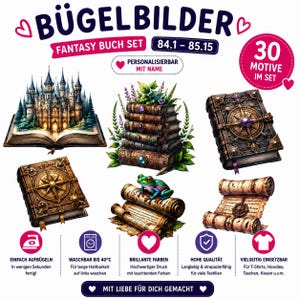 Fantasy Buch Bügelbilder Set – Magische Aufbügler mit Zauberbuch Motiven – personalisierbar mit Wunschname – Bügelbilder für Kinderkleidung