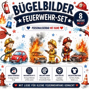 Könnte beinhalten: Ein Set aus acht Bügelbildern zum Thema Feuerwehr mit Illustrationen von Kindern in gelber und roter Schutzkleidung, Feuerwehrautos, Hydranten und Flammen. Der Text umfasst BÜGELBILDER FEUERWEHR-SET, 8 MOTIVE IM SET sowie Anweisungen zur Anwendung.