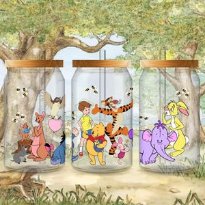 Vaso de vidrio de 16 oz inspirado en Winnie the Pooh, envoltura para taza, SVG, PNG, archivo digital, descarga instantánea, Christopher Robin, Eeyore, Piglet, conejo, Heffalump