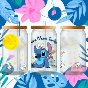 Disney geïnspireerde steek met eendjes 16oz glazen beker beker wrap PNG SVG Instant Download digitale bestanden Ohana betekent familie wolken maan
