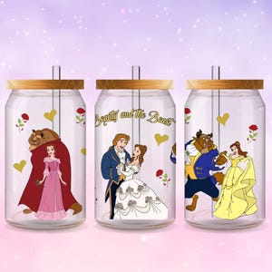 Taza inspirada en la pareja de rosas de la princesa Disney La Bella y la Bestia, descarga digital instantánea SVG PNG para vaso de vidrio Libby de 16 oz