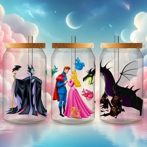 Sleeping Beauty Inspired Princess Aurora 16oz Glass Tumbler SVG PNG Cup Wrap Instant Digital Download Prince Phillip Maleficent Fairies