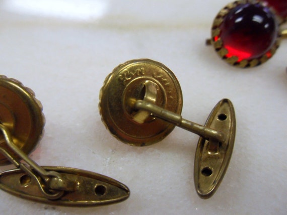 Vintage Red Glass and Brass Cuff Links and Buttons - image 4