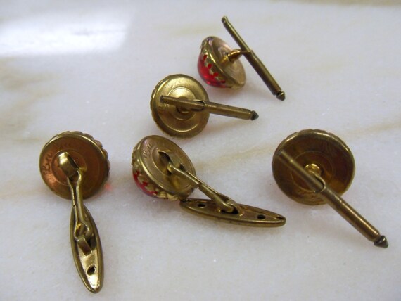 Vintage Red Glass and Brass Cuff Links and Buttons - image 5