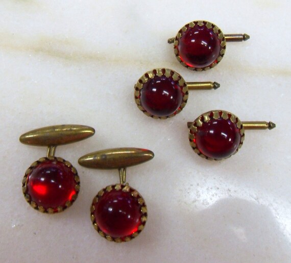 Vintage Red Glass and Brass Cuff Links and Buttons - image 1