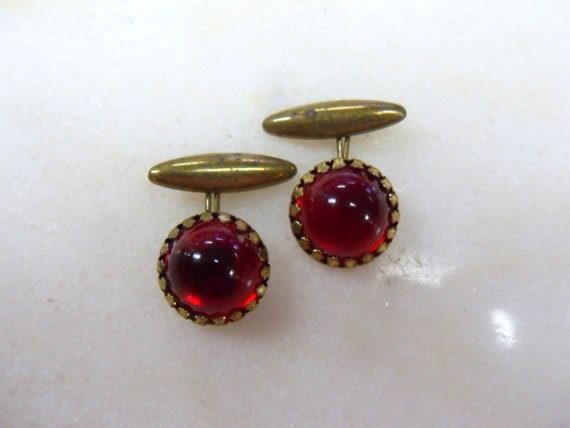 Vintage Red Glass and Brass Cuff Links and Buttons - image 3