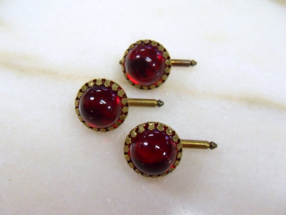 Vintage Red Glass and Brass Cuff Links and Buttons - image 2