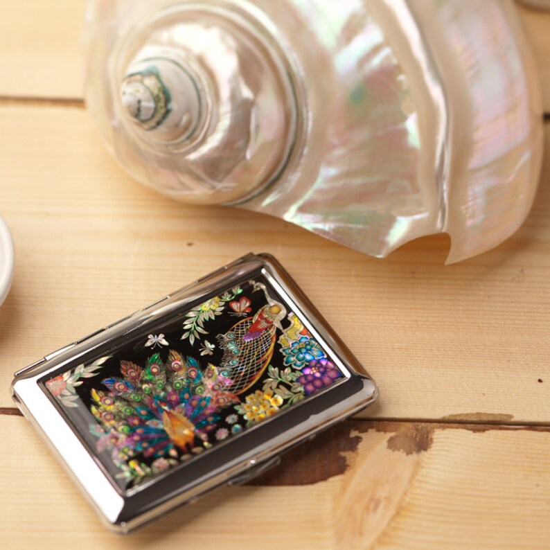 Mother of Pearl Peacock Pair Design Metal Slim Thin Cigarette Etsy