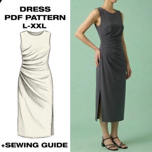 Könnte beinhalten: Ein ärmelloses, anthrazitfarbenes Kleid mit Seitenschlitz, getragen von einer Person. Daneben eine Skizze eines ähnlichen Kleides. Der Text auf dem Bild lautet "DRESS PDF PATTERN L-XXL +SEWING GUIDE".