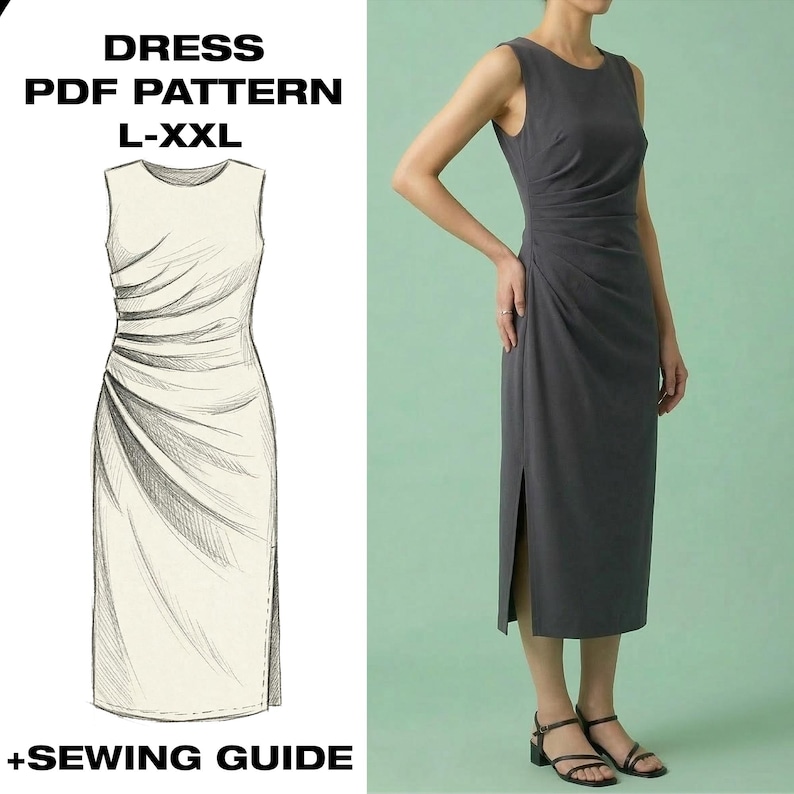 Op de afbeelding: Een mouwloze, antracietgrijze jurk met een split aan de zijkant, gedragen door een persoon. Daarnaast een schets van een vergelijkbare jurk. Tekst op de afbeelding luidt "DRESS PDF PATTERN L-XXL +SEWING GUIDE".