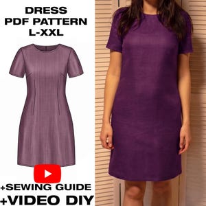 Peut inclure: Une robe violette à manches courtes avec une encolure ronde et une silhouette droite. L'image contient le texte DRESS PDF PATTERN L-XXL, SEWING GUIDE et VIDEO DIY, ainsi qu'un dessin technique de la robe et une icône de bouton lecture rouge.
