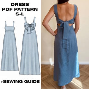 May include: A blue midi dress with wide shoulder straps and an open back featuring a large tie-back bow. The image includes text reading DRESS PDF PATTERN S-L and +SEWING GUIDE, alongside two technical sketches of the dress showing front and back views.