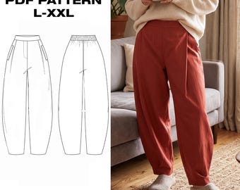 Elastic Back Trousers Pattern | Relaxed Fit Peg Pants PDF | Slouchy Everyday Pants | Comfy Linen Sewing | L-XXL