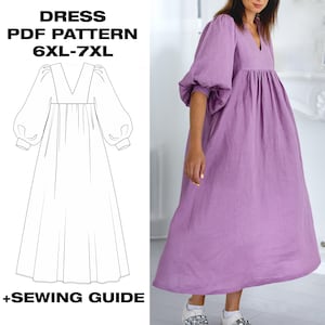 May include: A lavender midi dress with long puff sleeves, a V-neckline, and a gathered waist. The image includes a black and white line drawing of the dress pattern labelled DRESS PDF PATTERN 6XL-7XL +SEWING GUIDE, showing the garment's silhouette.