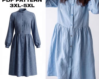 Patrón de costura en PDF del vestido Bianca Plus Size Prairie / Vestido midi de lino con botones y falda fruncida / Tallas para mujeres con curvas 3XL-5XL / Descarga instantánea
