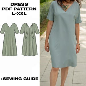 May include: A sage green dress with short sleeves and a V-neckline, shown alongside a technical illustration of the garment. The text DRESS PDF PATTERN L-XXL and +SEWING GUIDE is visible on the left side of the image, detailing the pattern.