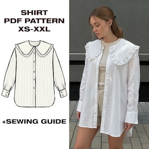 Camicia con volant / Camicia con colletto / Camicia a maniche lunghe / Modello camicia estiva / Modello camicia per principianti / US 2-12 / A4, Letter, Plotter