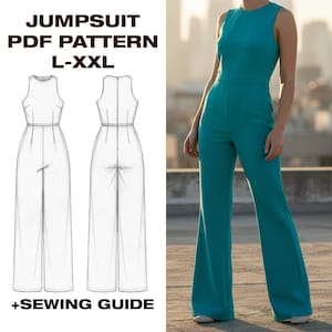 May include: A teal jumpsuit with a wide leg design is shown. The image also includes a line drawing of the jumpsuit, along with the text "JUMPSUIT PDF PATTERN L-XXL +SEWING GUIDE". The jumpsuit has a fitted bodice and a high waist.