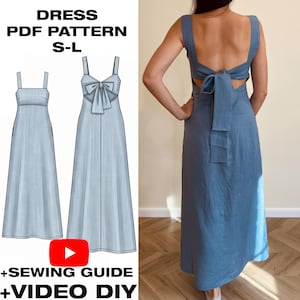 Pode incluir: Um vestido midi azul com alças largas e costas abertas com um grande laço. A imagem inclui um esboço técnico do vestido, o texto DRESS PDF PATTERN S-L e o texto +SEWING GUIDE +VIDEO DIY com um ícone de reprodução.