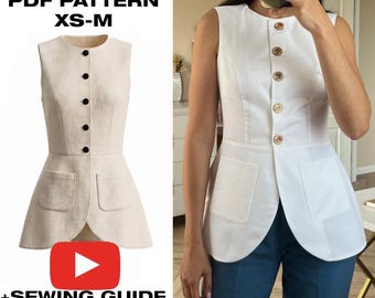 Fitted Vest PDF Sewing Pattern | Sleeveless Waistcoat Top | Princess Seam Button Up Vest | Womens XS-M | Digital Download + Guide