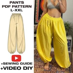 Naaipatroon voor harembroek | Wijde broek met elastische tailleband | Relaxte, soepelvallende pijpen | L-XXL | PDF A4 | Plotter US Letter