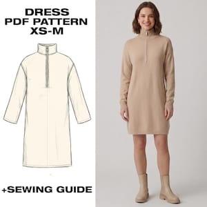 Halbes Reißverschluss-Pulloverkleid Schnittmuster | Viertel-Zipper Strickkleid | Gemütliches Langarm-Kleid | Herbst Winter Nähen | XS-M