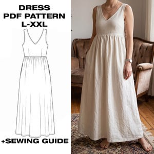 May include: A PDF sewing pattern for a sleeveless, floor-length dress in sizes L-XXL, featuring a V-neckline and a gathered waist. The image displays a technical line drawing of the dress alongside a photograph of the finished cream-colored garment.