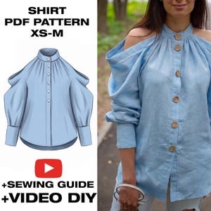 Cold Shoulder Blouse PDF Sewing Pattern | High Neck Button Up Top | Statement Balloon Sleeve Shirt | Womens XS-M | Digital Download + Guide