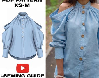 PDF-Schnittmuster für eine Bluse mit Cut-Out-Schultern | Hochgeschlossenes Oberteil mit Knopfleiste | Bluse mit auffälligen Ballonärmeln | Damen XS-M | Digitaler Download + Anleitung
