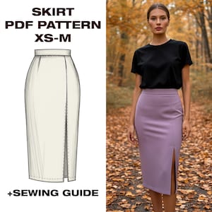 May include: A pencil skirt pattern and a woman wearing a lilac skirt with a front slit. The pattern is a line drawing of a skirt with the text "SKIRT PDF PATTERN XS-M +SEWING GUIDE". The woman is wearing a black t-shirt.