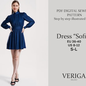 May include: A woman wearing a navy blue dress with long sleeves and a high neckline. The dress has a fitted waist and a flared skirt. The image includes the text "Dress Sofia", EU sizes 36-40, US sizes 8-12, and S-L. The brand name "VERIGA MILANO" is also visible.