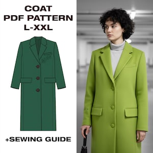 Puede incluir: Un abrigo verde claro se muestra junto a una ilustración digital de un abrigo similar. La ilustración incluye el texto "COAT PDF PATTERN L-XXL +SEWING GUIDE". El abrigo tiene solapas, dos bolsillos y tres botones.