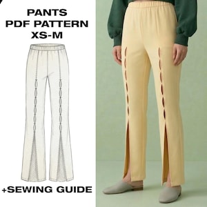May include: Pale yellow pants with side cutouts and a flared leg. The image also shows a PDF pattern for pants in sizes XS-M, with the text "PANTS PDF PATTERN XS-M +SEWING GUIDE".