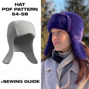 May include: A digital PDF sewing pattern for a hat with sizes 54-58, featuring a gray illustration of a trapper-style hat with ear flaps and the text HAT PDF PATTERN 54-58 +SEWING GUIDE, alongside a purple faux fur trapper hat with ear flaps.