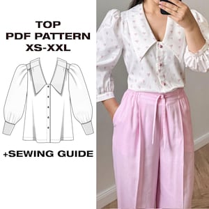 Patrón de blusa de verano con cuello / Patrón de blusa con lazo peplum y mangas abullonadas / Patrón de costura de blusa / Patrón de costura de camisa / US 6-16 / A4, Carta, Plotter