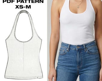 Halter Top Sewing Pattern PDF | Sleeveless Summer Tank | Fitted Womens Shirt | Basic Halter Neck Top | XS-M Digital
