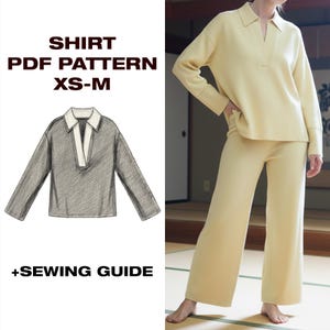 Puede incluir: Un conjunto amarillo claro de camisa de manga larga y pantalón de pernera ancha a juego. La camisa tiene cuello. La imagen también muestra un patrón de camisa con el texto "SHIRT PDF PATTERN XS-M" y "+SEWING GUIDE".