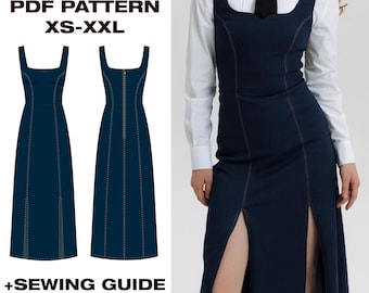 Jeans dress | Midi Jumper Dress| Midi Denim dress | PDF Sewing Pattern |US 2-12| A-Line, Instant Download, Illustrated Instruction
