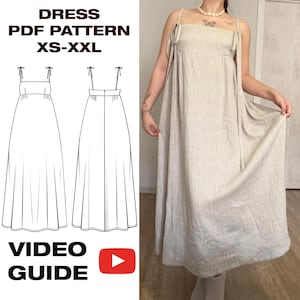 Peut inclure: Une robe en lin beige avec des bretelles nouées est présentée. Le patron de la robe est illustré par un dessin au trait, avec le texte "DRESS PDF PATTERN XS-XXL" au-dessus. Les mots "VIDEO GUIDE" sont en dessous, avec un bouton de lecture rouge.